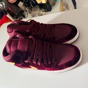 Jordan Women's Burgundy Velvet High-Top Sneakers with Gold Accent